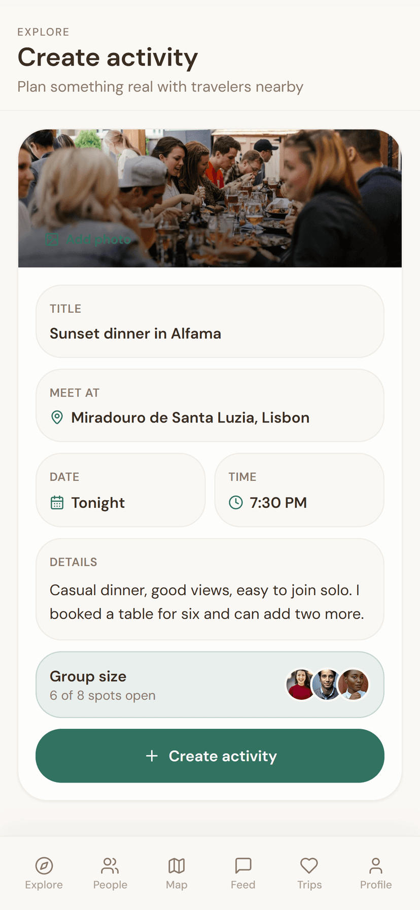 Create activity screen for sunset dinner in Alfama